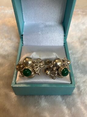 🍀VTG Sterling Silver Mexico Cluster Turquoise Screw Back Earrings
